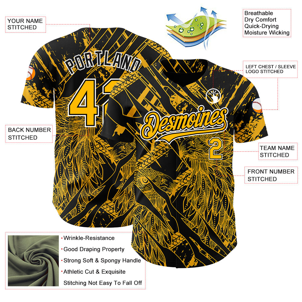 Custom Black Gold-White 3D Pattern Design Animal Eagle Authentic Baseball Jersey - Sky-Custom