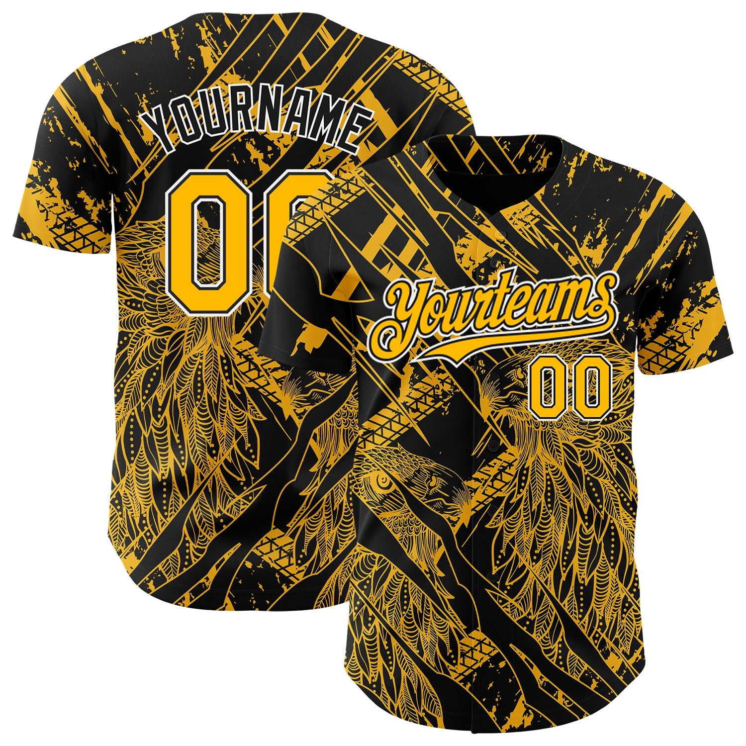 Custom Black Gold-White 3D Pattern Design Animal Eagle Authentic Baseball Jersey - Sky-Custom
