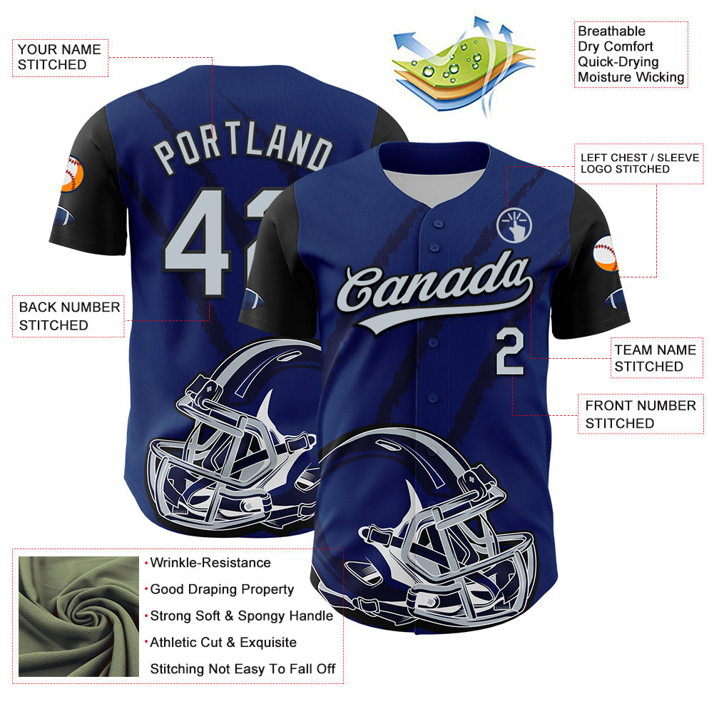 Custom US Navy Blue Silver-Black 3D Pattern Design Football Helmet And Animal Claw Authentic Baseball Jersey - Sky-Custom