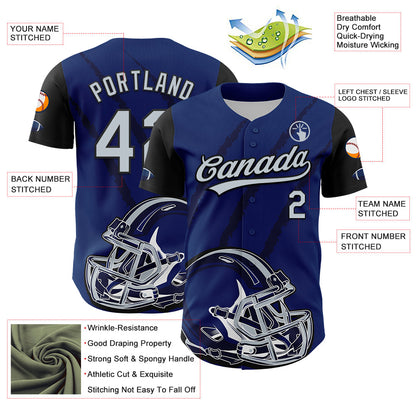Custom US Navy Blue Silver-Black 3D Pattern Design Football Helmet And Animal Claw Authentic Baseball Jersey - Sky-Custom