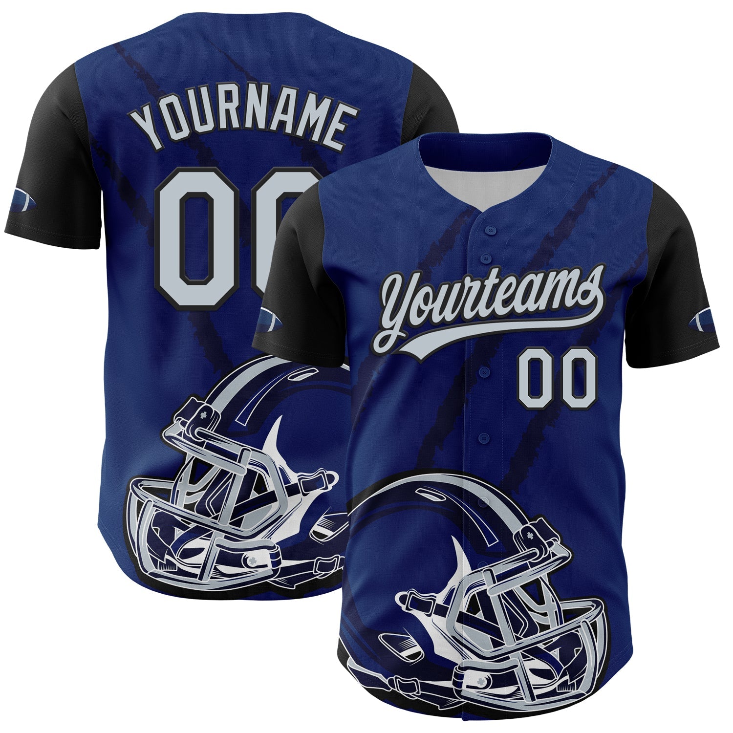 Custom US Navy Blue Silver-Black 3D Pattern Design Football Helmet And Animal Claw Authentic Baseball Jersey - Sky-Custom