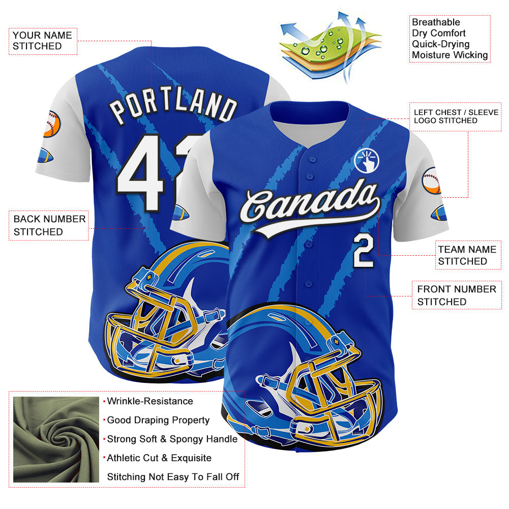 Custom Thunder Blue White-Black 3D Pattern Design Football Helmet And Animal Claw Authentic Baseball Jersey - Sky-Custom