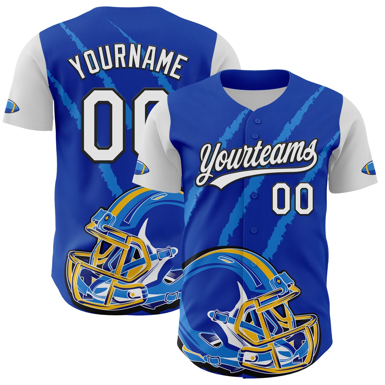 Custom Thunder Blue White-Black 3D Pattern Design Football Helmet And Animal Claw Authentic Baseball Jersey - Sky-Custom