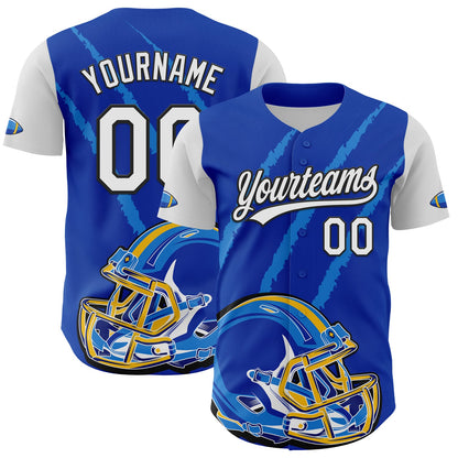 Custom Thunder Blue White-Black 3D Pattern Design Football Helmet And Animal Claw Authentic Baseball Jersey - Sky-Custom