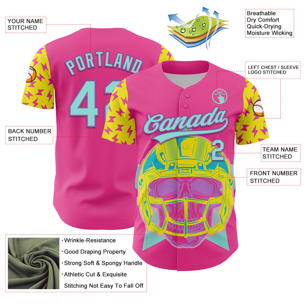 Custom Pink Ice Blue Medium Purple-Light Yellow 3D Pattern Design Football Skull Helmet Authentic Baseball Jersey - Sky-Custom