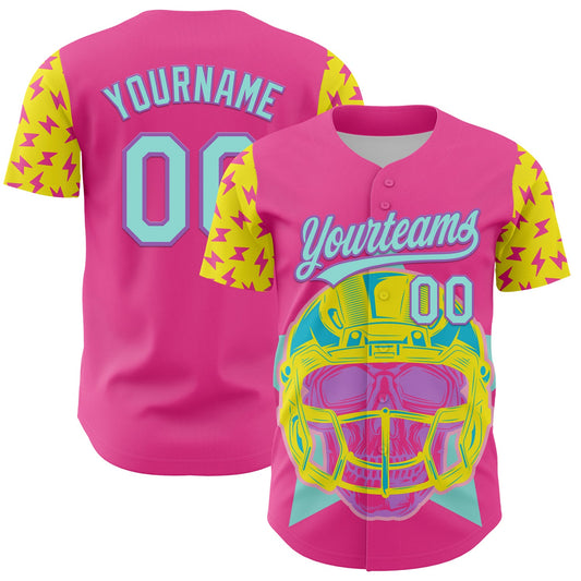 Custom Pink Ice Blue Medium Purple-Light Yellow 3D Pattern Design Football Skull Helmet Authentic Baseball Jersey - Sky-Custom