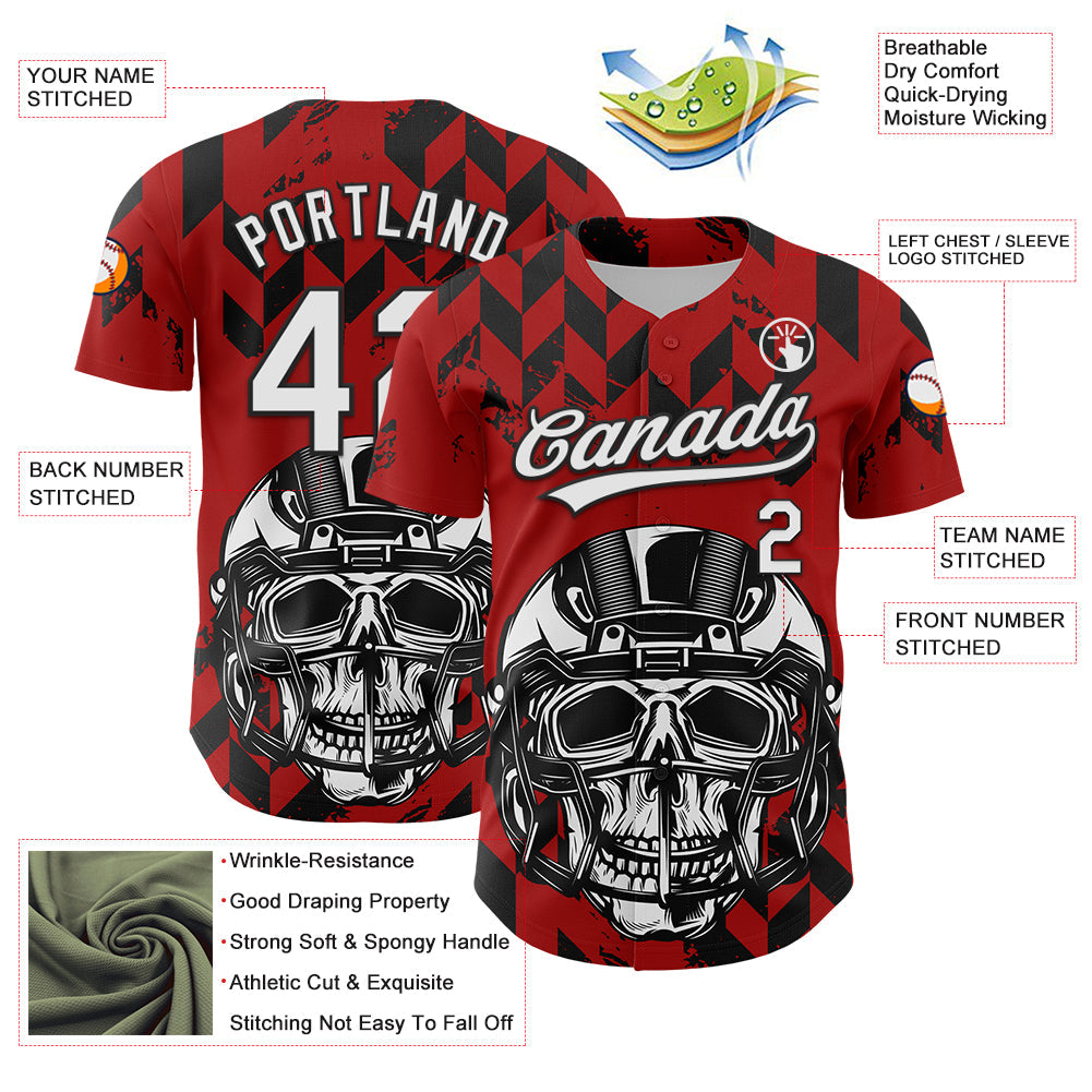 Custom Red White-Black 3D Pattern Design Football Skull Helmet Authentic Baseball Jersey - Sky-Custom
