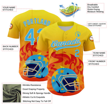 Custom Light Yellow Sky Blue Orange-Cream 3D Pattern Design Flame Football Helmet Authentic Baseball Jersey - Sky-Custom