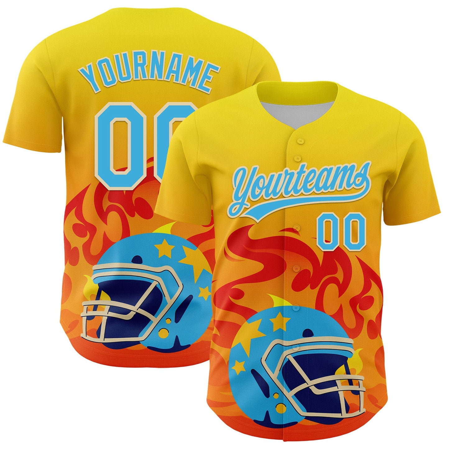 Custom Light Yellow Sky Blue Orange-Cream 3D Pattern Design Flame Football Helmet Authentic Baseball Jersey - Sky-Custom