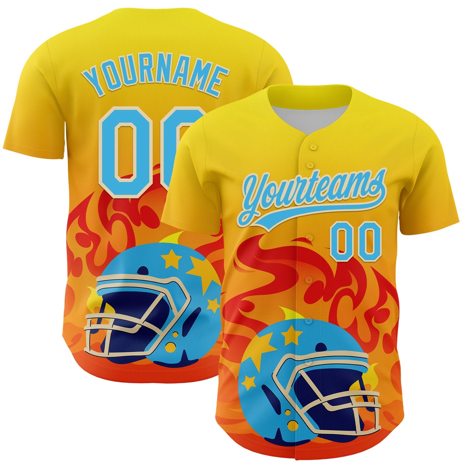 Custom Light Yellow Sky Blue Orange-Cream 3D Pattern Design Flame Football Helmet Authentic Baseball Jersey - Sky-Custom