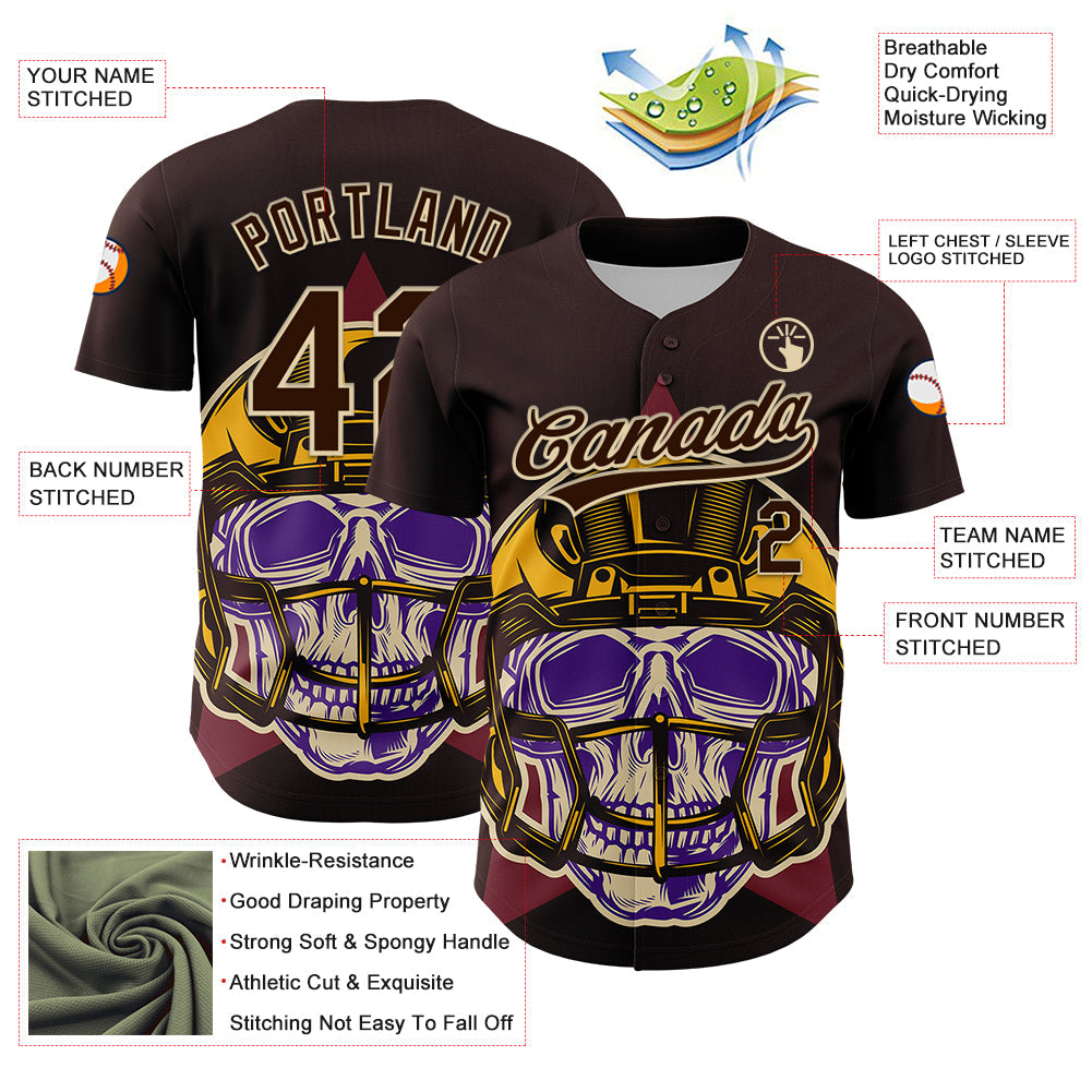 Custom Brown Cream 3D Pattern Design Football Skull Helmet Authentic Baseball Jersey - Sky-Custom