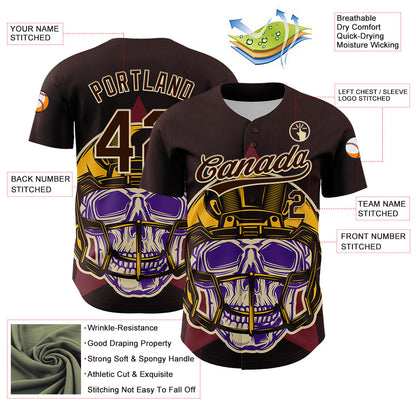 Custom Brown Cream 3D Pattern Design Football Skull Helmet Authentic Baseball Jersey - Sky-Custom