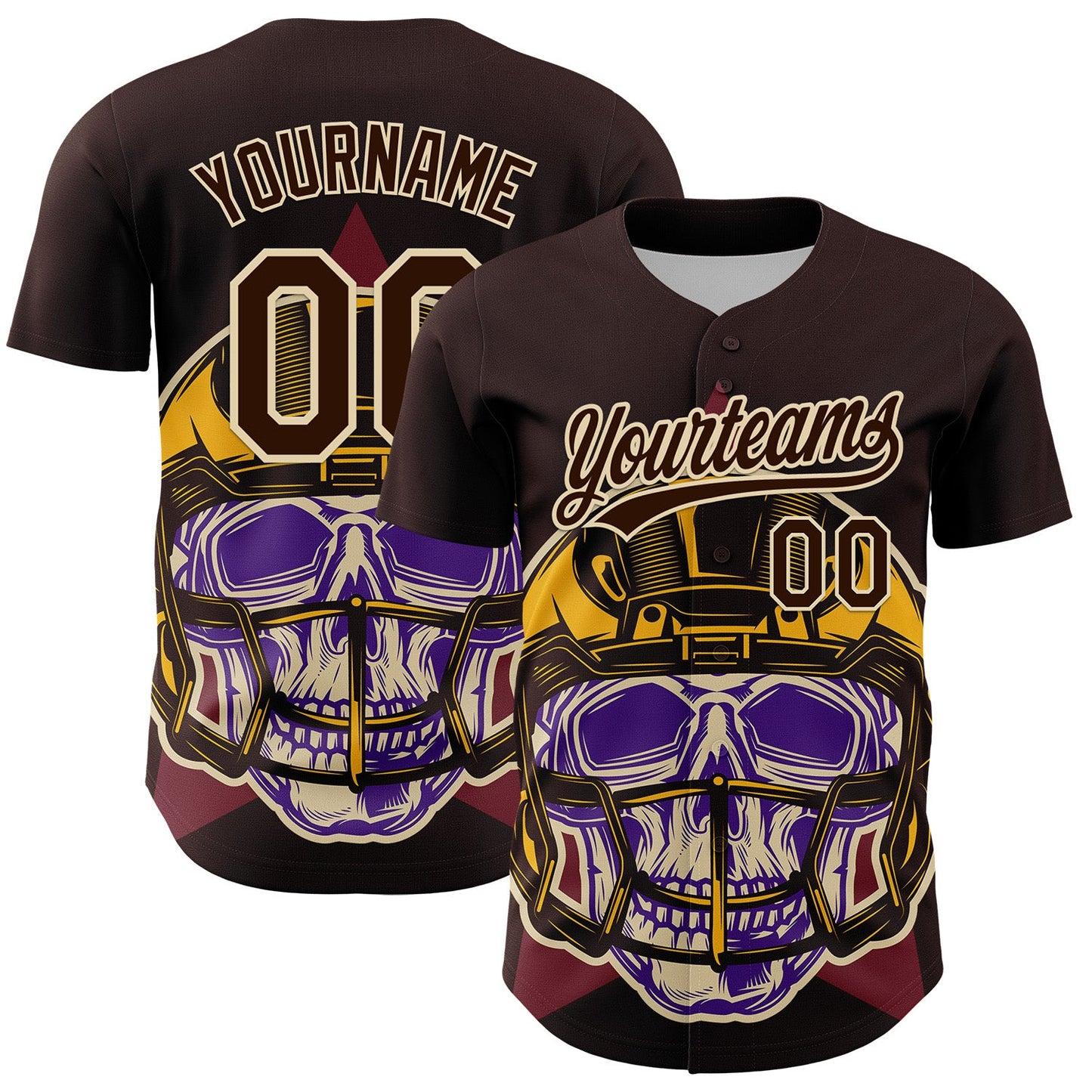 Custom Brown Cream 3D Pattern Design Football Skull Helmet Authentic Baseball Jersey - Sky-Custom