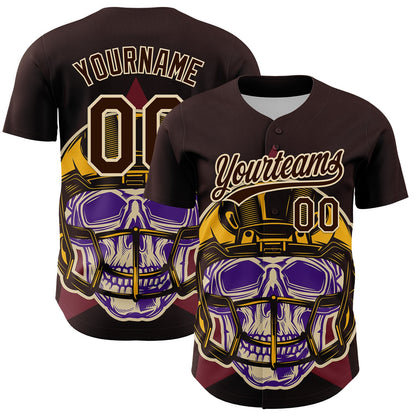 Custom Brown Cream 3D Pattern Design Football Skull Helmet Authentic Baseball Jersey - Sky-Custom