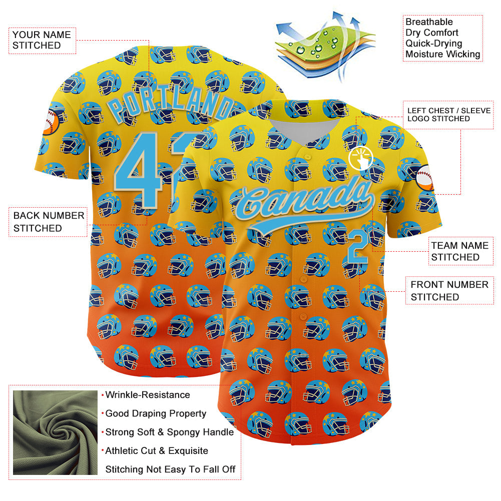 Custom Light Yellow Sky Blue Orange-Cream 3D Pattern Design Football Helmet Authentic Baseball Jersey - Sky-Custom
