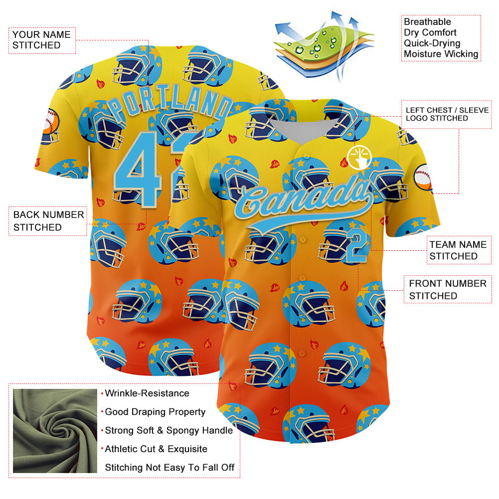 Custom Light Yellow Sky Blue Orange-Cream 3D Pattern Design Flame Football Helmet Authentic Baseball Jersey - Sky-Custom