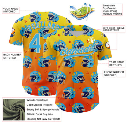 Custom Light Yellow Sky Blue Orange-Cream 3D Pattern Design Flame Football Helmet Authentic Baseball Jersey - Sky-Custom
