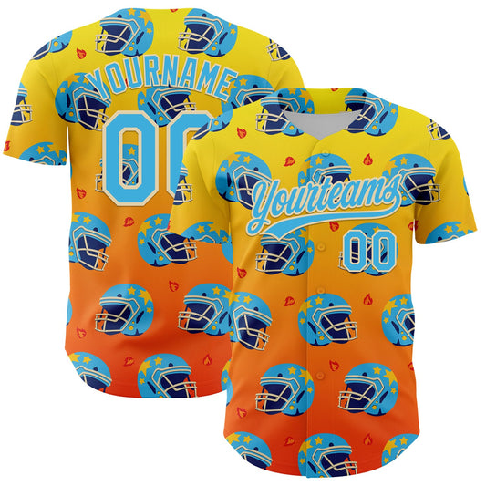 Custom Light Yellow Sky Blue Orange-Cream 3D Pattern Design Flame Football Helmet Authentic Baseball Jersey - Sky-Custom