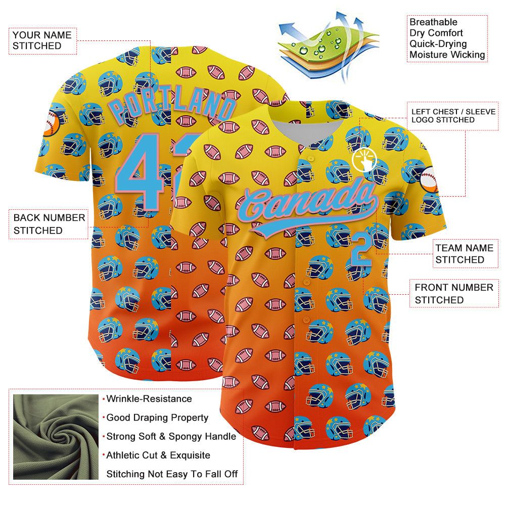 Custom Light Yellow Sky Blue Orange-Medium Pink 3D Pattern Design Football Helmet And Football Elements Authentic Baseball Jersey - Sky-Custom