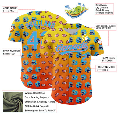 Custom Light Yellow Sky Blue Orange-Medium Pink 3D Pattern Design Football Helmet And Football Elements Authentic Baseball Jersey - Sky-Custom