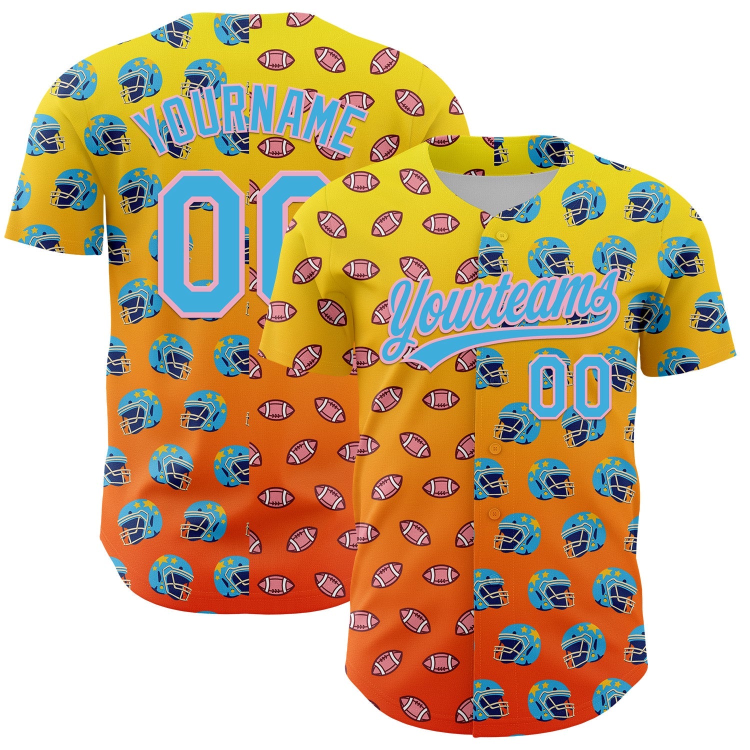 Custom Light Yellow Sky Blue Orange-Medium Pink 3D Pattern Design Football Helmet And Football Elements Authentic Baseball Jersey - Sky-Custom