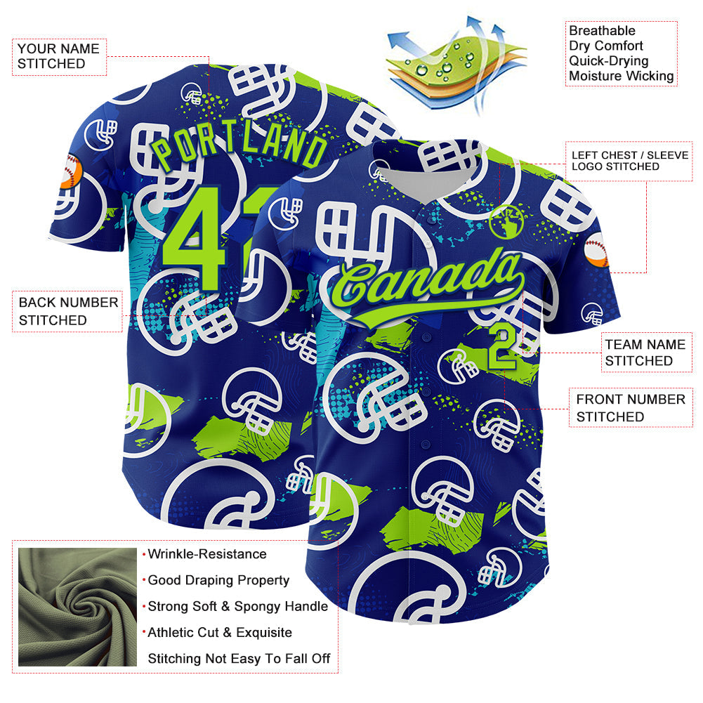 Custom Royal Neon Green-White 3D Pattern Design Football Helmet Authentic Baseball Jersey - Sky-Custom