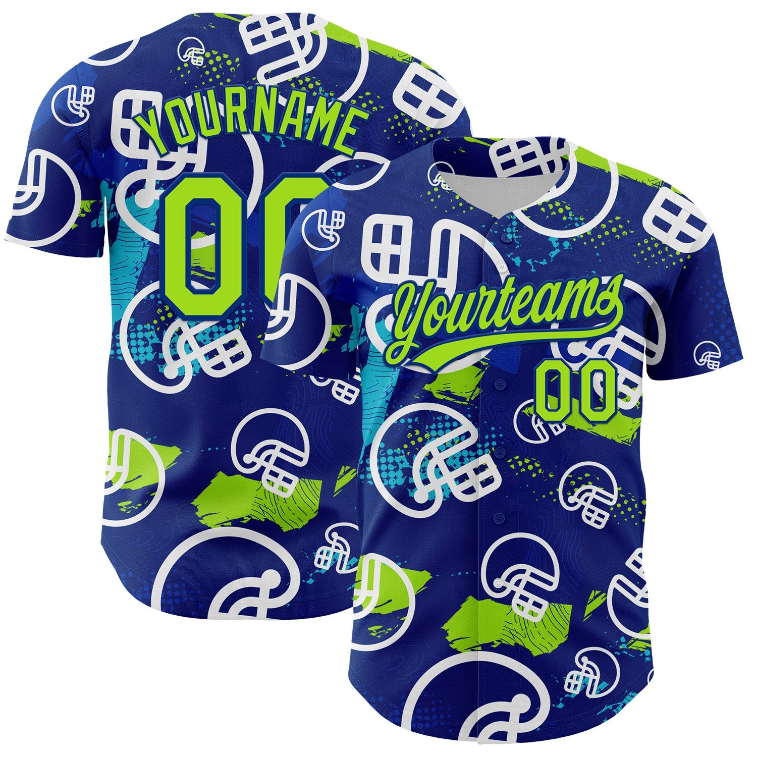 Custom Royal Neon Green-White 3D Pattern Design Football Helmet Authentic Baseball Jersey - Sky-Custom