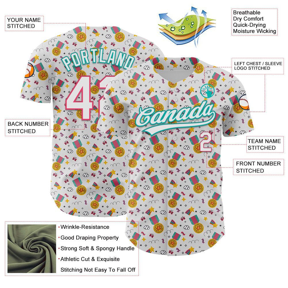 Custom White Neon Pink-Aqua 3D Pattern Design Champion Medal Authentic Baseball Jersey - Sky-Custom