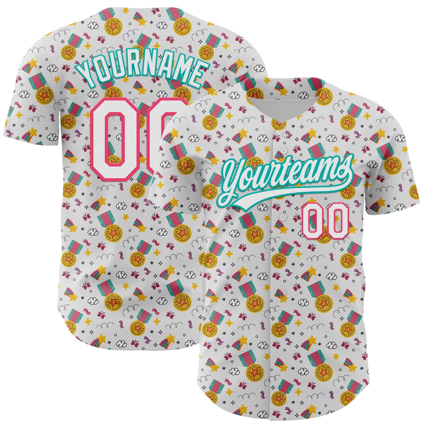 Custom White Neon Pink-Aqua 3D Pattern Design Champion Medal Authentic Baseball Jersey - Sky-Custom