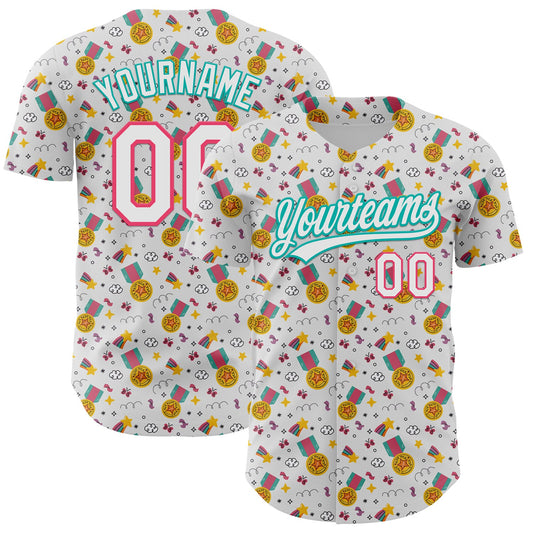 Custom White Neon Pink-Aqua 3D Pattern Design Champion Medal Authentic Baseball Jersey - Sky-Custom