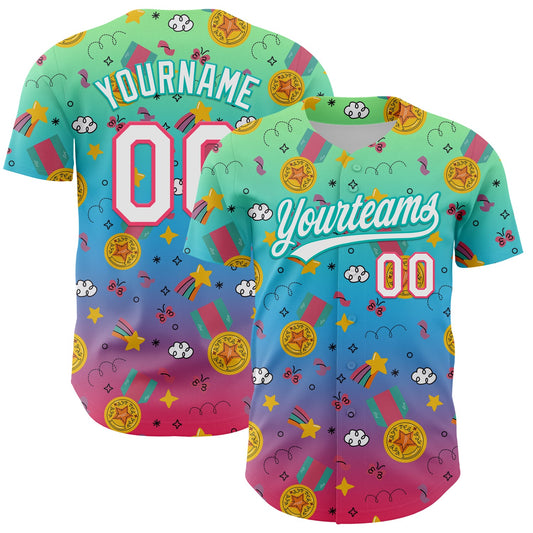 Custom Pea Green Neon Pink Aqua-Sky Blue 3D Pattern Design Champion Medal Authentic Baseball Jersey - Sky-Custom