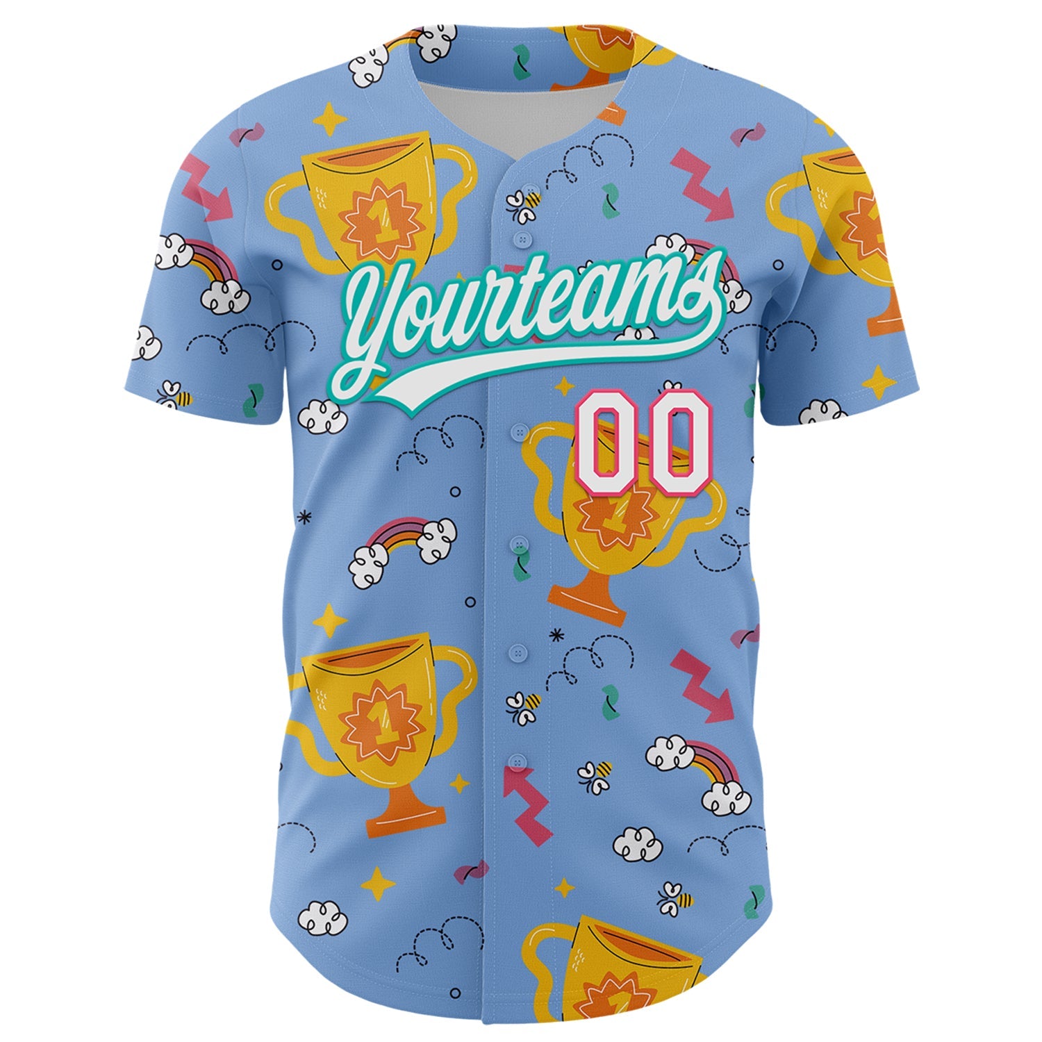 Custom Light Blue Neon Pink-Aqua 3D Pattern Design Champion Trophy Authentic Baseball Jersey - Sky-Custom