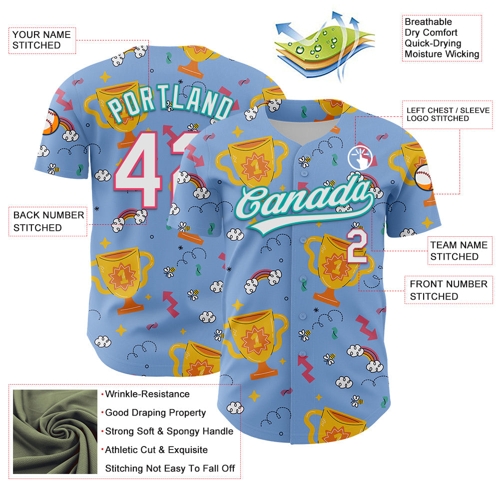 Custom Light Blue Neon Pink-Aqua 3D Pattern Design Champion Trophy Authentic Baseball Jersey - Sky-Custom