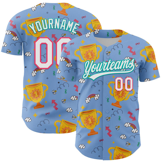 Custom Light Blue Neon Pink-Aqua 3D Pattern Design Champion Trophy Authentic Baseball Jersey - Sky-Custom