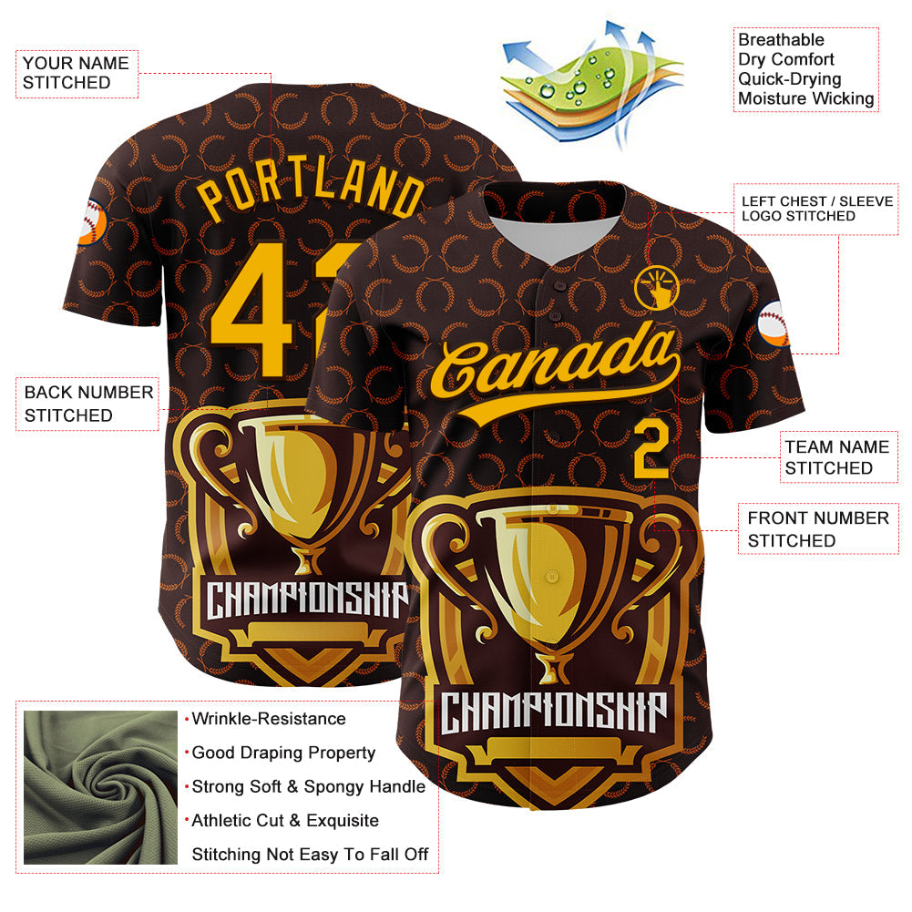 Custom Brown Gold 3D Pattern Design Champion Trophy Authentic Baseball Jersey - Sky-Custom