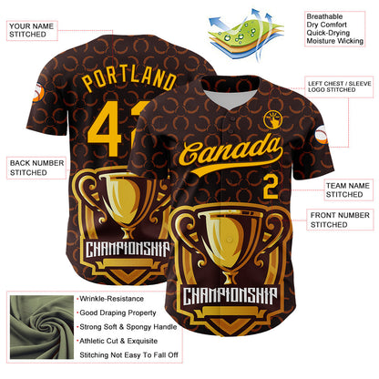 Custom Brown Gold 3D Pattern Design Champion Trophy Authentic Baseball Jersey - Sky-Custom