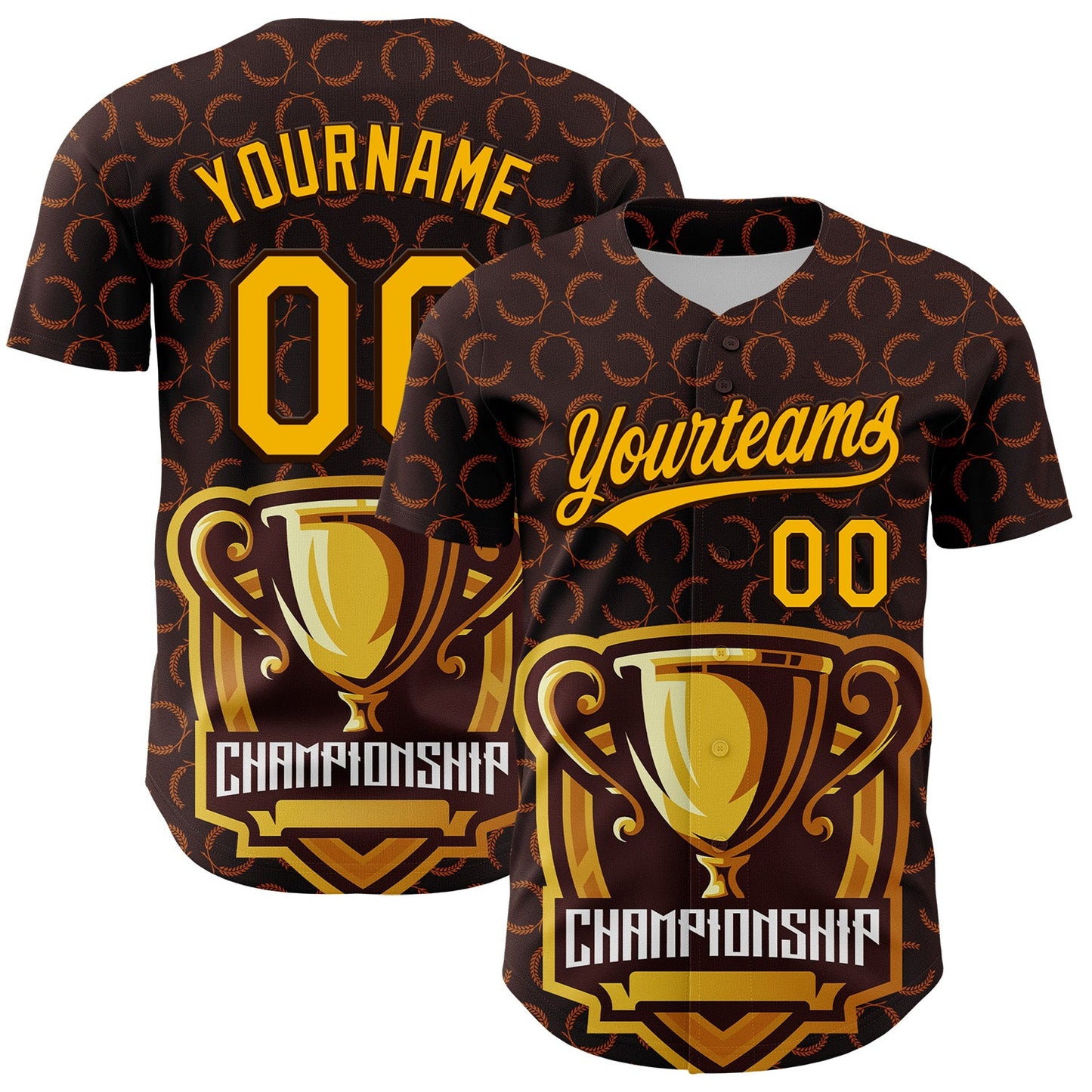 Custom Brown Gold 3D Pattern Design Champion Trophy Authentic Baseball Jersey - Sky-Custom