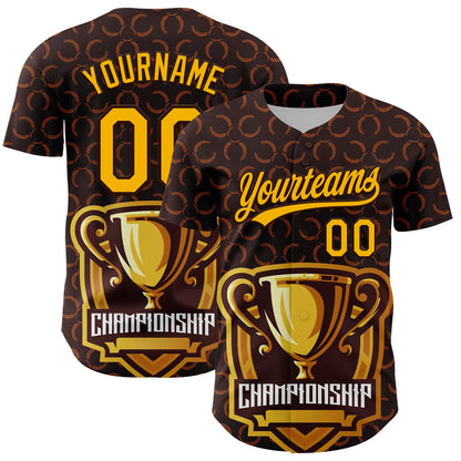 Custom Brown Gold 3D Pattern Design Champion Trophy Authentic Baseball Jersey - Sky-Custom