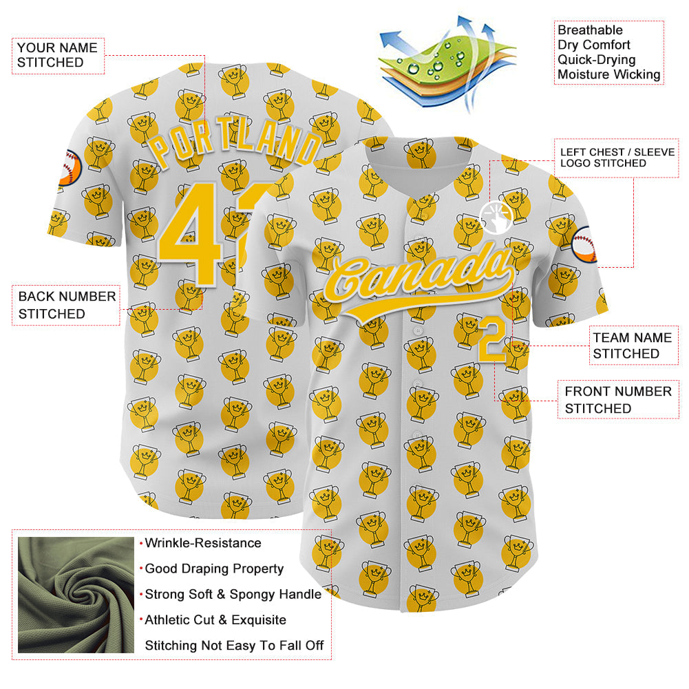 Custom White Yellow 3D Pattern Design Champion Trophy Authentic Baseball Jersey - Sky-Custom
