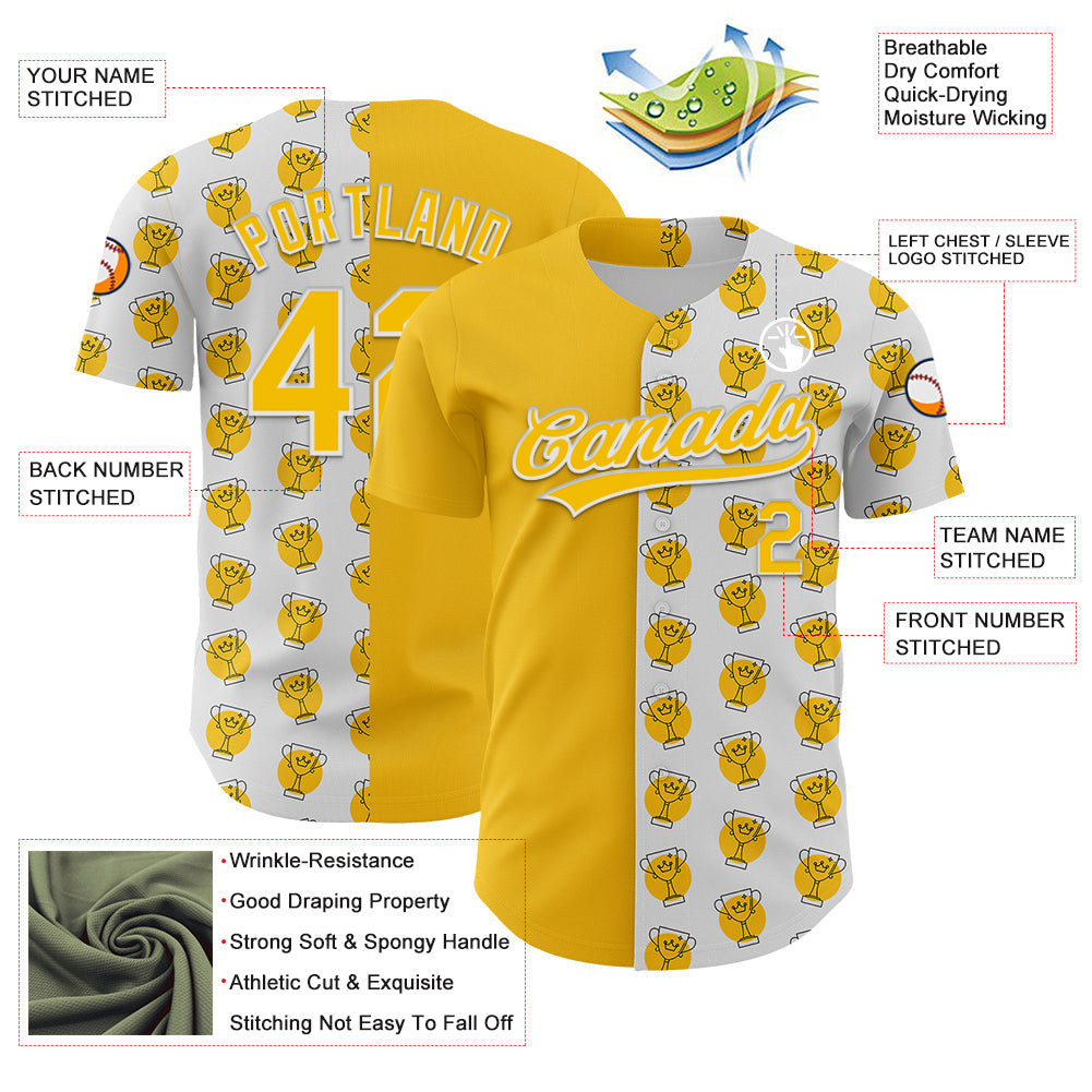 Custom White Yellow 3D Pattern Design Champion Trophy Authentic Baseball Jersey - Sky-Custom