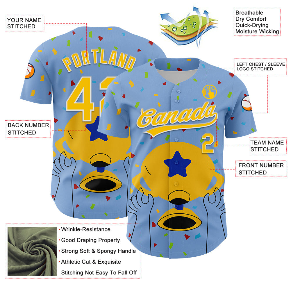 Custom Light Blue Yellow-White 3D Pattern Design Champion Trophy Authentic Baseball Jersey - Sky-Custom