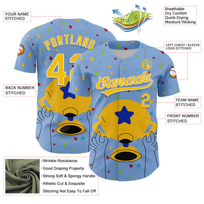 Custom Light Blue Yellow-White 3D Pattern Design Champion Trophy Authentic Baseball Jersey - Sky-Custom