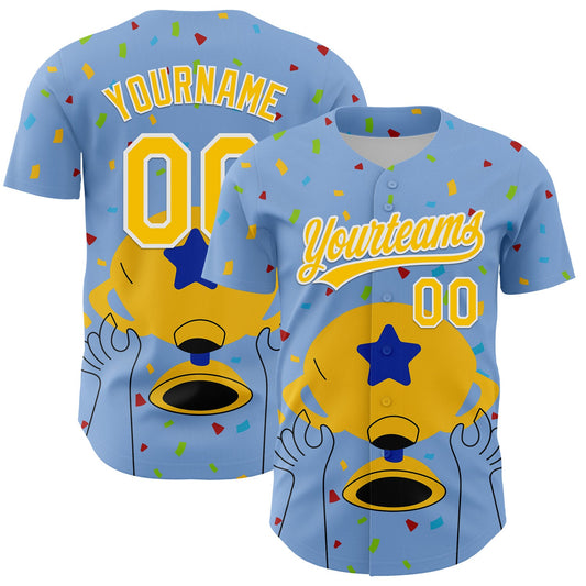 Custom Light Blue Yellow-White 3D Pattern Design Champion Trophy Authentic Baseball Jersey - Sky-Custom