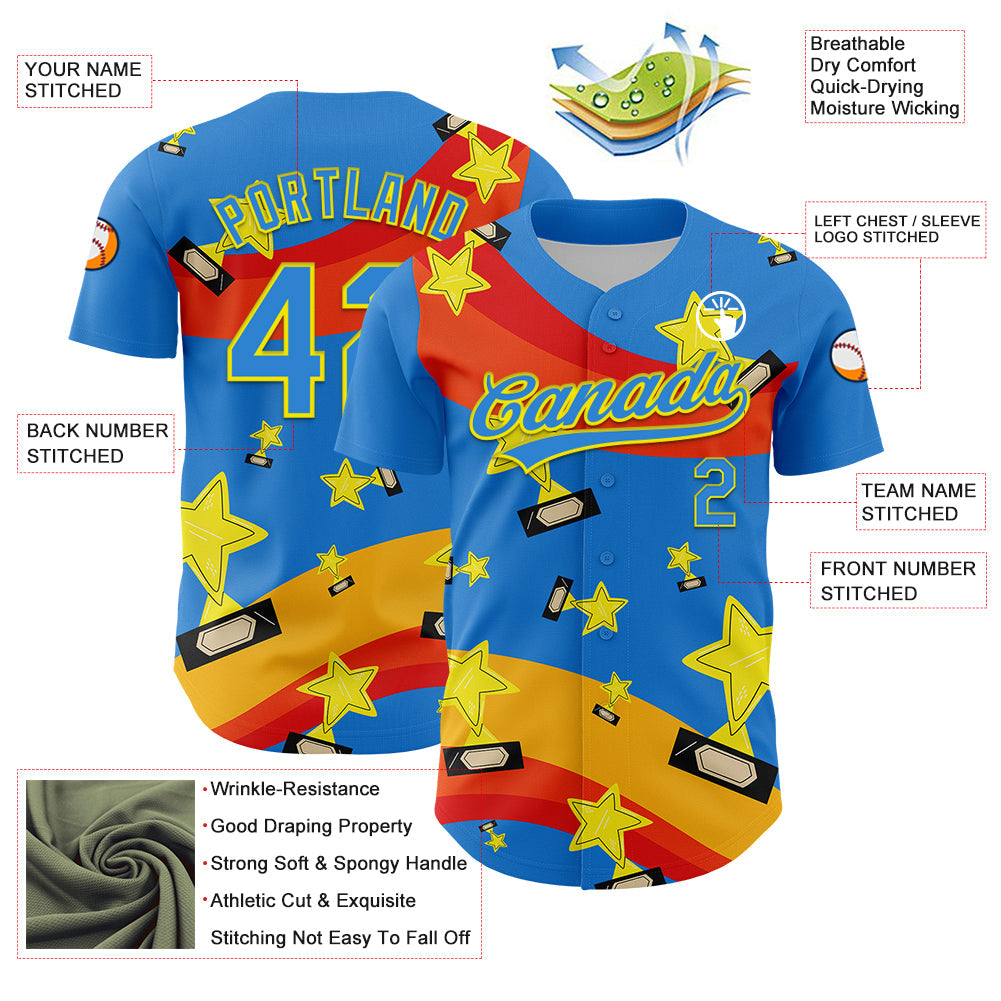 Custom Electric Blue Light Yellow 3D Pattern Design Champion Trophy Authentic Baseball Jersey - Sky-Custom