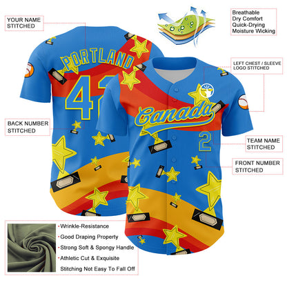 Custom Electric Blue Light Yellow 3D Pattern Design Champion Trophy Authentic Baseball Jersey - Sky-Custom