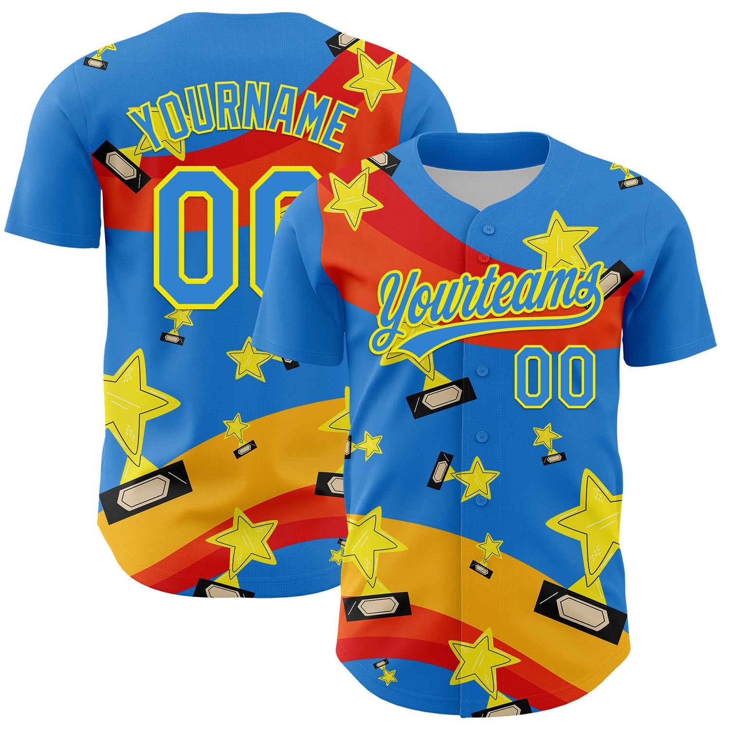 Custom Electric Blue Light Yellow 3D Pattern Design Champion Trophy Authentic Baseball Jersey - Sky-Custom