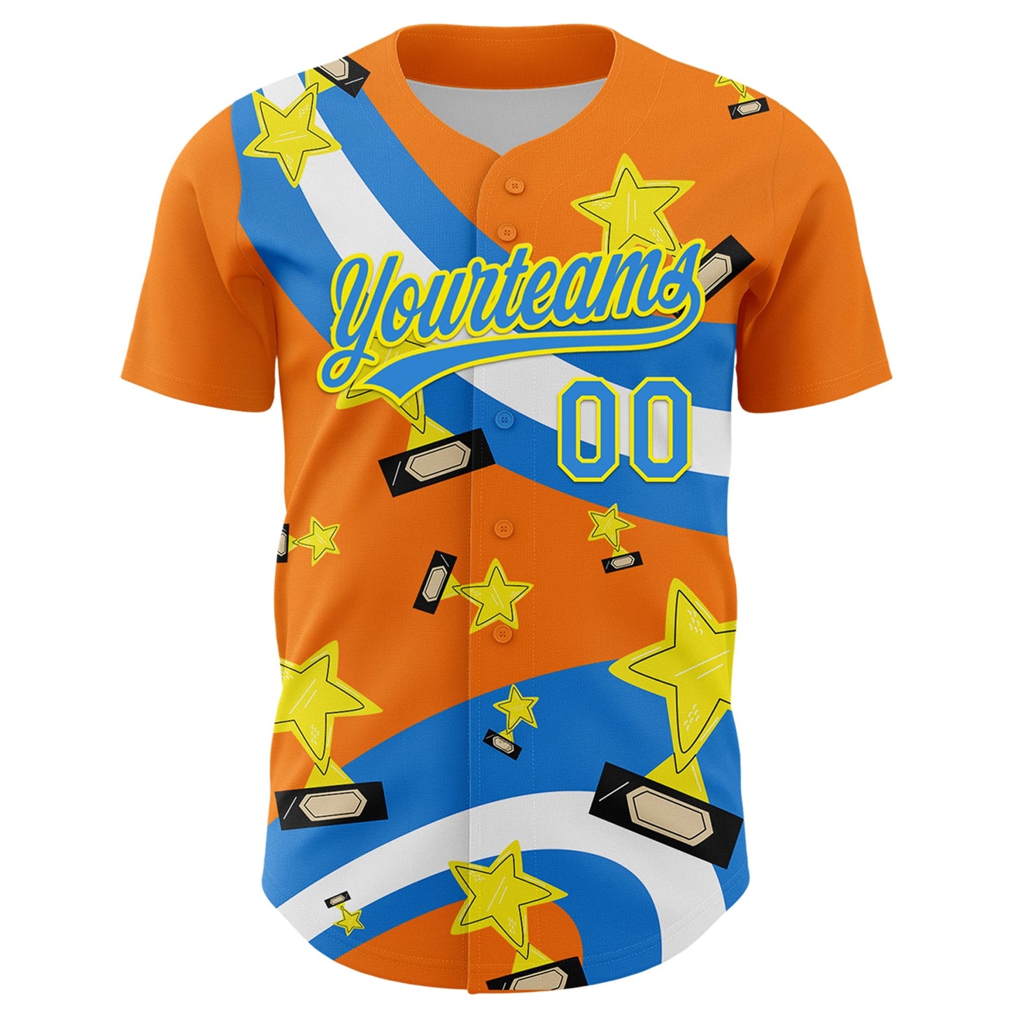 Custom Bay Orange Electric Blue-Light Yellow 3D Pattern Design Champion Trophy Authentic Baseball Jersey - Sky-Custom