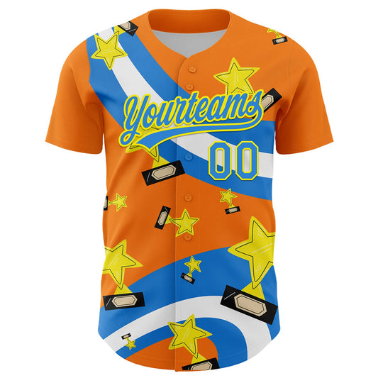 Custom Bay Orange Electric Blue-Light Yellow 3D Pattern Design Champion Trophy Authentic Baseball Jersey - Sky-Custom