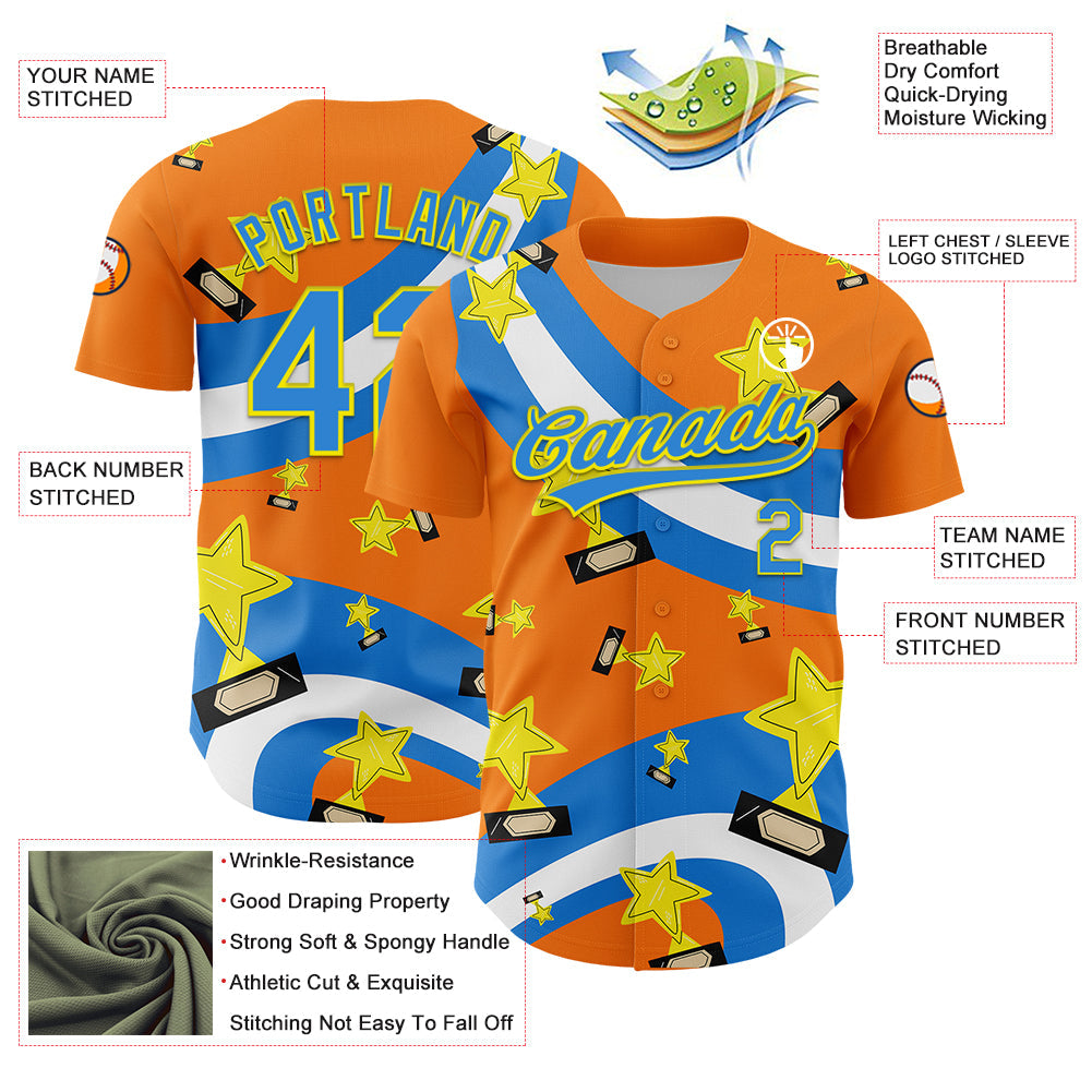 Custom Bay Orange Electric Blue-Light Yellow 3D Pattern Design Champion Trophy Authentic Baseball Jersey - Sky-Custom