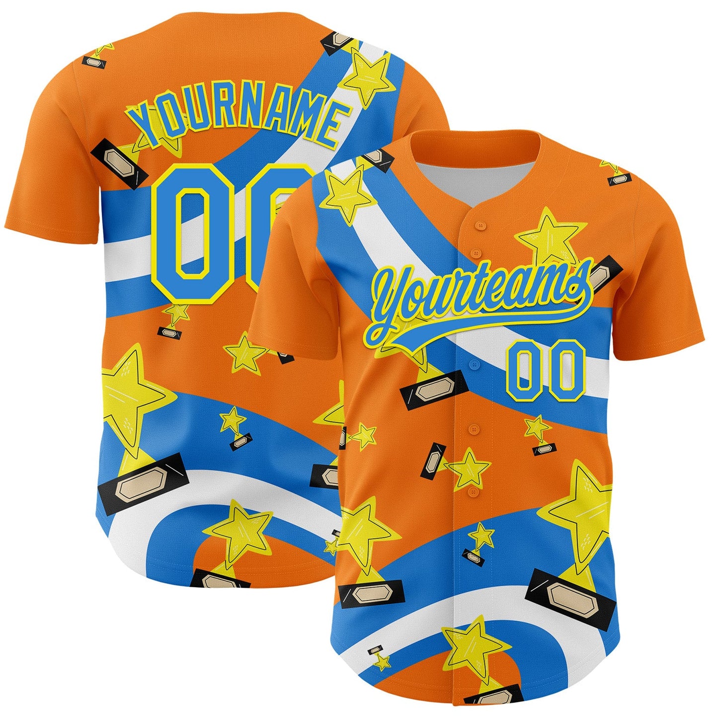 Custom Bay Orange Electric Blue-Light Yellow 3D Pattern Design Champion Trophy Authentic Baseball Jersey - Sky-Custom